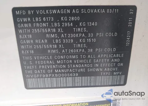 2011 Volkswagen Touareg Vr6 Sport из США, поврежденный, VIN WVGFF9BPXBD005639